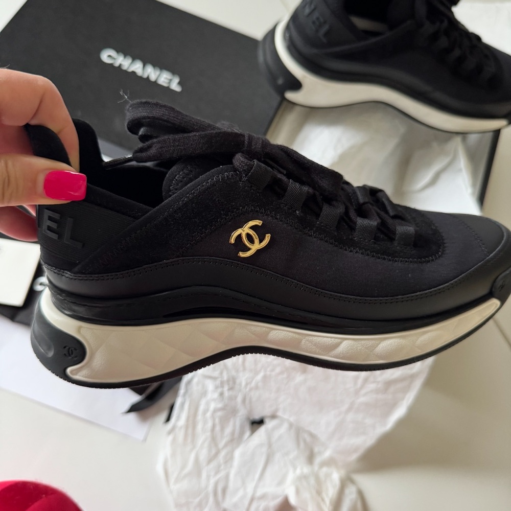 CHANEL Black Sneakers with Gold Logo and Chunky Sole